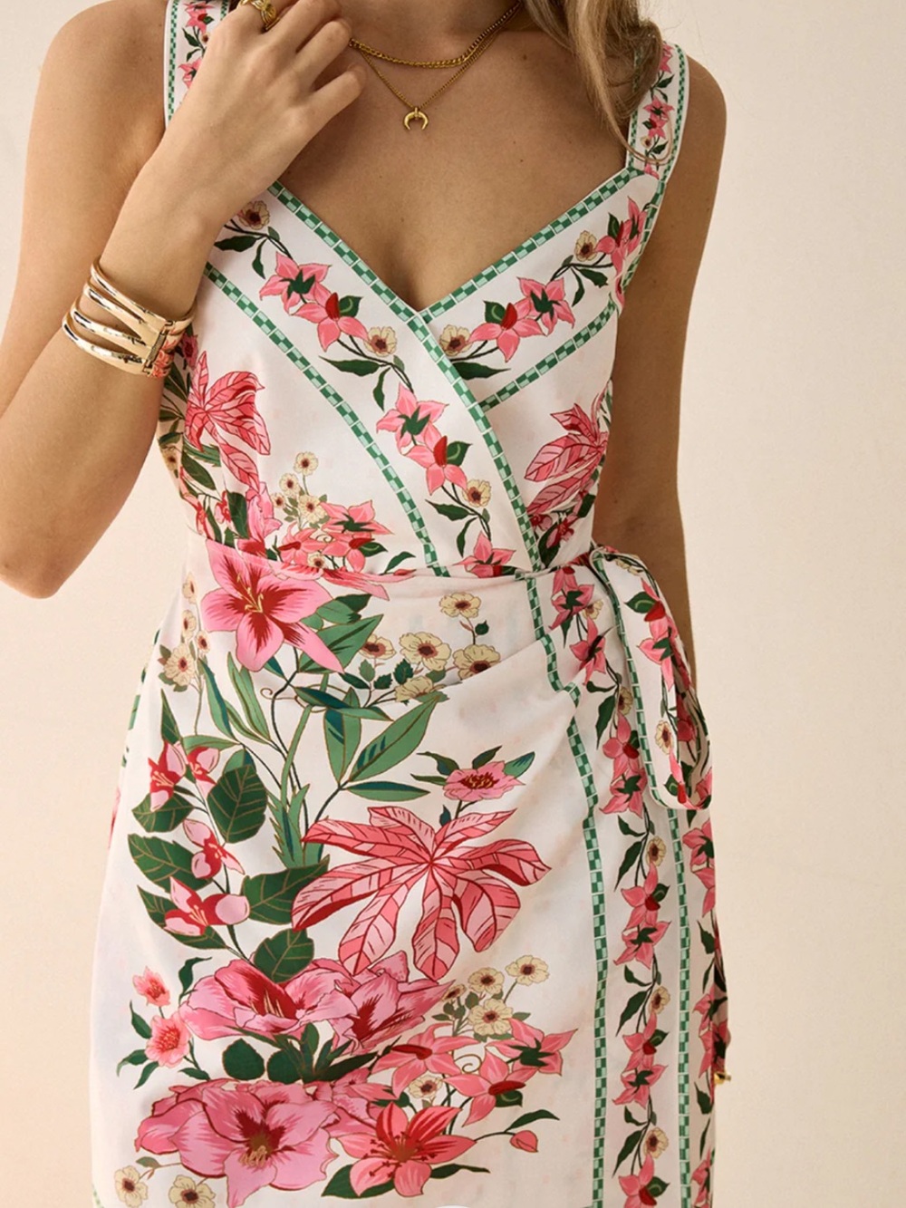 Commense Cream Mini Dress with Pink Floral & Green Leaves - Picture 4 of 5